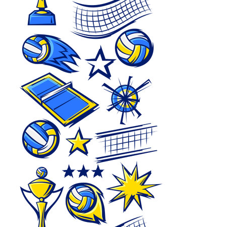 Pattern with volleyball items. Sport club illustration. Healthy lifestyle background in cartoon style.のイラスト素材