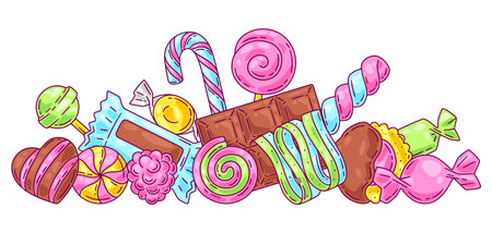 Background with candies and sweets. Design for confectionery or candy shop. Colorful cute illustration.のイラスト素材