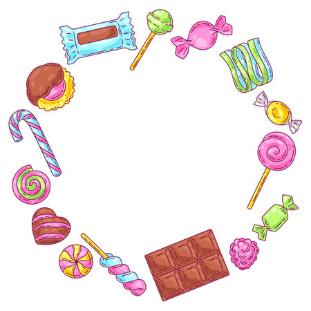 Frame with candies and sweets. Design for confectionery or candy shop. Colorful cute illustration.のイラスト素材