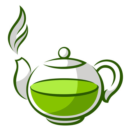 Teapot with of green tea. Illustration of traditional drink. Image for advertising and production.のイラスト素材