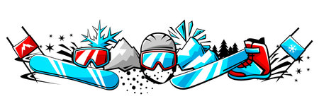 Background with snowboarding items. Winter sport illustration. Healthy lifestyle image in cartoon style.のイラスト素材