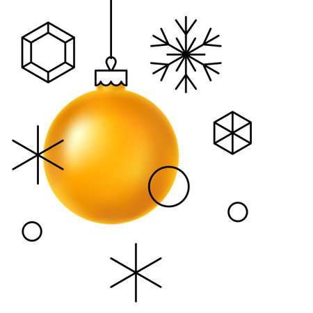 Golden Christmas ball. Happy New Year greating card. Illustration in linear hand drawn style.のイラスト素材
