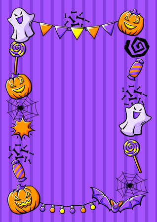 Happy Halloween frame. Holiday background with celebration items. Party illustration in cartoon style.のイラスト素材