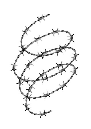 Barbed wire illustration. Sharp barbwire border chain. Spiked metal protection.のイラスト素材