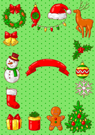 Merry Christmas greeting card. Holiday illustration in cartoon style. Happy New Year celebration.のイラスト素材