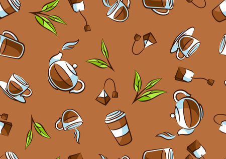 Pattern with black tea items. Background with tea and accessories, packs and kettles. Image for advertising and production.のイラスト素材