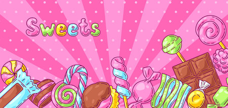 Background with candies and sweets. Design for confectionery or candy shop. Colorful cute illustration.のイラスト素材