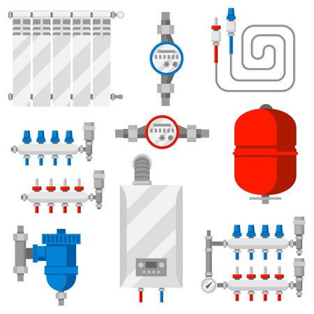 Set of objects for heating. Industrial image of plumbing objects. Heat system.のイラスト素材