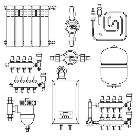 Set of objects for heating. Industrial image of plumbing objects. Heat system.のイラスト素材