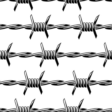 Barbed wire seamless pattern. Sharp barbwire border chain. Spiked metal protection.のイラスト素材