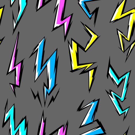 Pattern with cartoon lightnings. Grunge graffiti stylized image of natural phenomenon. Power or strike.のイラスト素材
