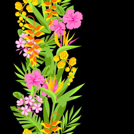 Pattern with tropical flowers. Decorative exotic foliage, palms and plants.のイラスト素材