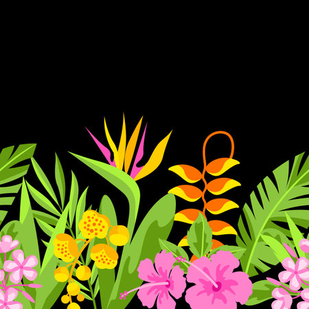 Pattern with tropical flowers. Decorative exotic foliage, palms and plants.のイラスト素材