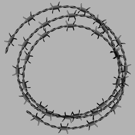 Barbed wire frame. Sharp barbwire border chain. Spiked metal protection.のイラスト素材