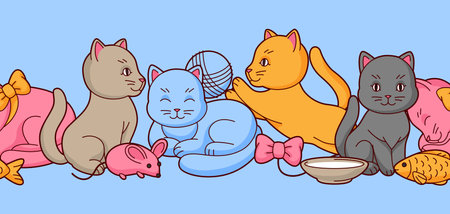 Pattern with cute kawaii cats. Fun animal background. Cartoon stylized pets.のイラスト素材