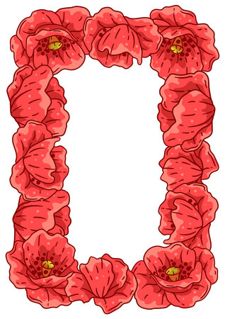 Frame with poppies flowers. Beautiful decorative plants. Natural illustration.のイラスト素材