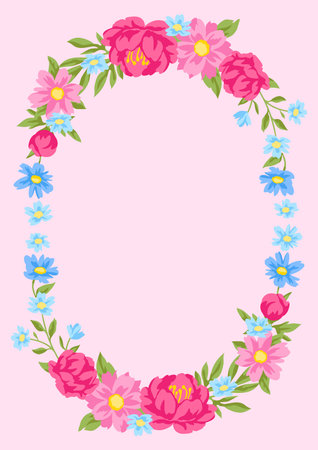 Frame with pretty flowers. Beautiful decorative natural plants, buds and leaves.のイラスト素材
