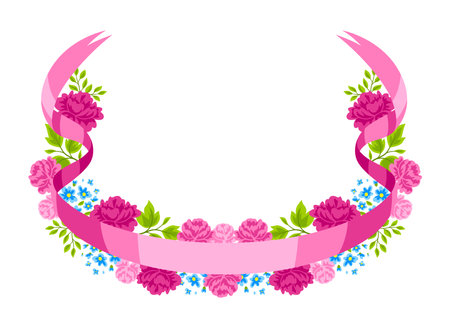 Frame with flowers and ribbon. Beautiful decorative natural plants, buds and leaves.のイラスト素材