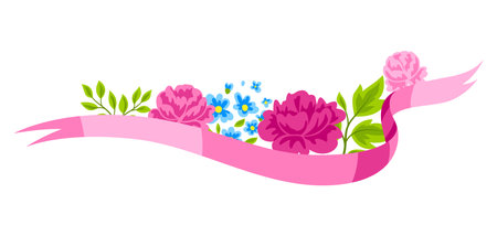 Background with flowers and ribbon. Beautiful decorative natural plants, buds and leaves.のイラスト素材