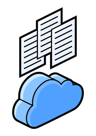 Cloud and paper icon in isometry. Storage of information and files. Image for website, app, logo, UI design. Line art illustration.のイラスト素材
