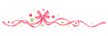 Ribbon with bow and flowers. Beautiful decorative natural plants, buds and leaves.のイラスト素材