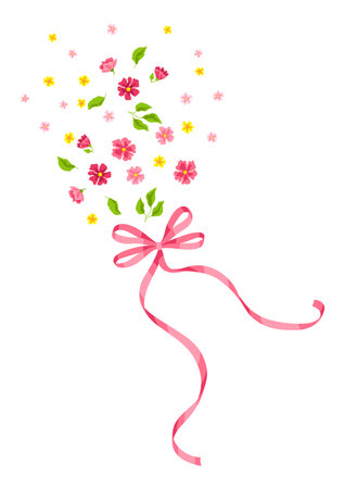 Ribbon with bow and flowers. Beautiful decorative natural plants, buds and leaves.のイラスト素材
