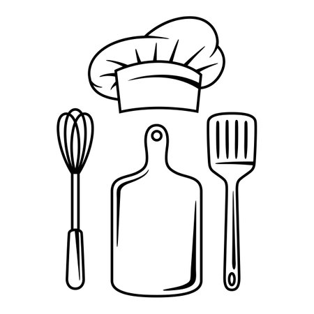 Illustration of kitchen utensils. Cooking tools home and restaurant items.のイラスト素材