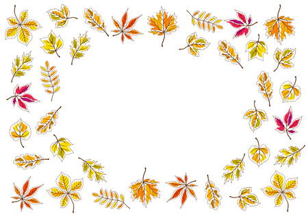 Frame with autumn leaves. Background with various foliage. Decorative beautiful plants.のイラスト素材
