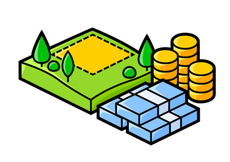 Image of plot land and money. Real estate illustration in isometry style. For website, logo, UI design.のイラスト素材