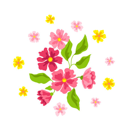 Background with pretty flowers. Beautiful decorative natural plants, buds and leaves.のイラスト素材