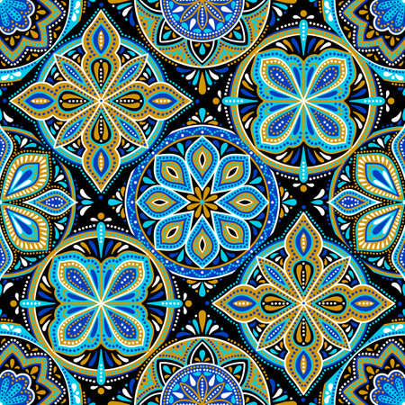 Moroccan ceramic tile pattern. Ethnic floral motifs. Mediterranean traditional folk ornament.のイラスト素材