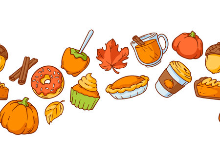 Autumn items and food pattern. Happy Thanksgiving Day and Halloween traditional symbols. Holiday objects and icons.のイラスト素材