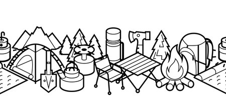 Travel camping pattern. Tourist equipment for survival in outdoor. Comfortable stay.のイラスト素材