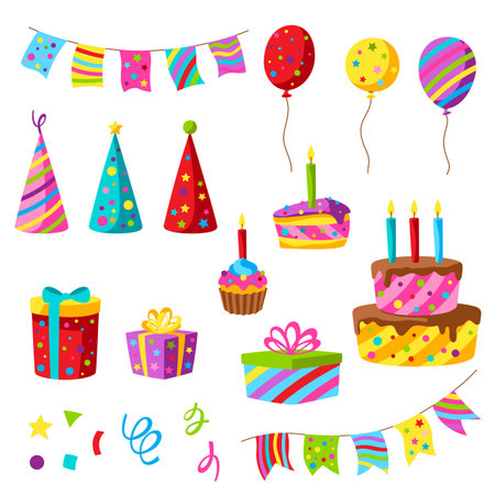 Happy Birthday icon set. Celebration or holiday items. Party objects.のイラスト素材