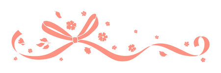 Ribbon with bow and flowers. Beautiful decorative natural plants, buds and leaves.のイラスト素材