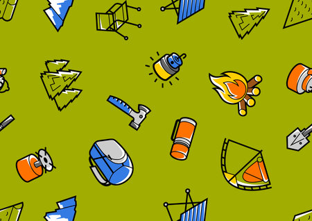 Travel camping pattern. Tourist equipment for survival in outdoor. Comfortable stay.のイラスト素材