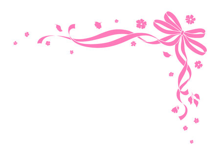 Ribbon with bow and flowers. Beautiful decorative natural plants, buds and leaves.のイラスト素材