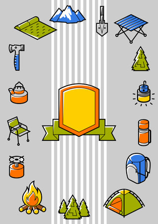 Travel camping background. Tourist equipment for survival in outdoor. Comfortable stay.のイラスト素材