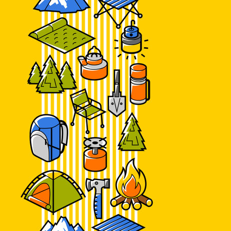 Travel camping pattern. Tourist equipment for survival in outdoor. Comfortable stay.のイラスト素材
