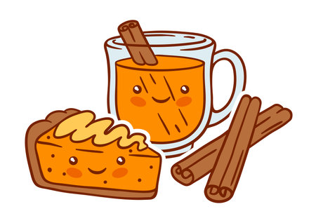 Autumn kawaii food. Happy Thanksgiving Day and Halloween traditional cute symbols. Holiday objects and icons.のイラスト素材