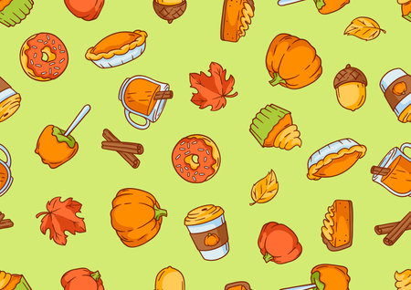 Autumn items and food pattern. Happy Thanksgiving Day and Halloween traditional symbols. Holiday objects and icons.のイラスト素材