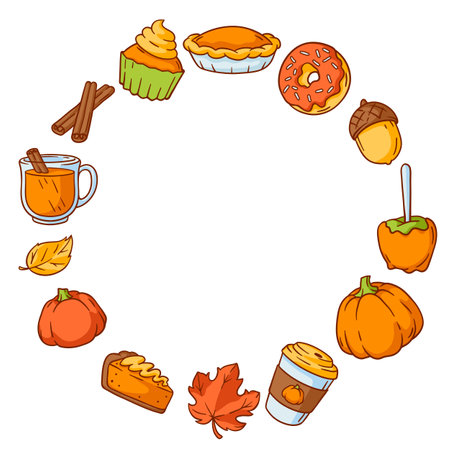 Autumn items and food design. Happy Thanksgiving Day and Halloween traditional symbols. Holiday objects and icons.のイラスト素材