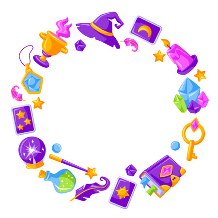Frame with magic items. Witchcraft alchemy mystery elements. Alchemy witchcraft image.のイラスト素材