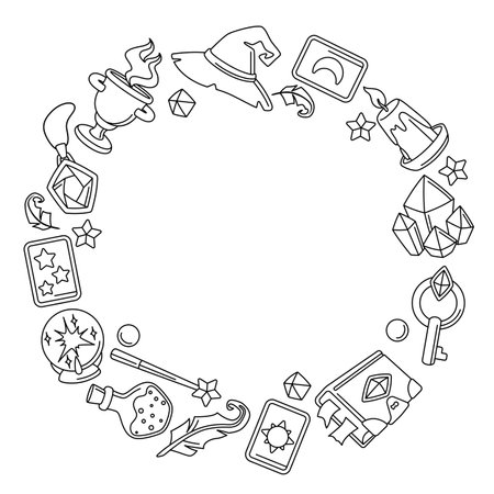 Frame with magic items. Witchcraft alchemy mystery elements. Alchemy witchcraft image.のイラスト素材