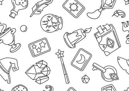 Pattern with magic items. Witchcraft alchemy mystery elements. Alchemy witchcraft image.のイラスト素材