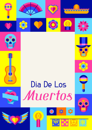 Day of the Dead greeting card. Dia de los muertos. Mexican celebration. Holiday background with traditional symbols.のイラスト素材