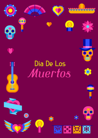 Day of the Dead greeting card. Dia de los muertos. Mexican celebration. Holiday background with traditional symbols.のイラスト素材