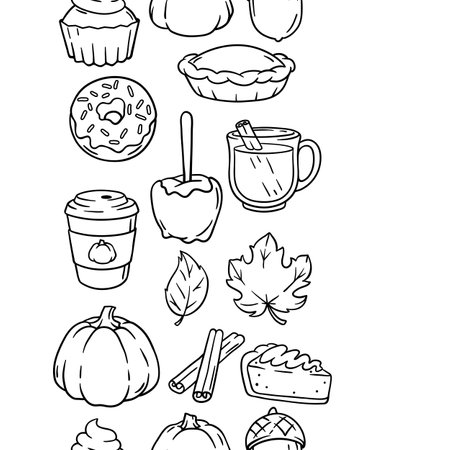 Autumn items and food pattern. Happy Thanksgiving Day and Halloween traditional symbols. Holiday objects and icons.のイラスト素材