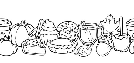Autumn items and food pattern. Happy Thanksgiving Day and Halloween traditional symbols. Holiday objects and icons.のイラスト素材