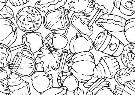 Autumn items and food pattern. Happy Thanksgiving Day and Halloween traditional symbols. Holiday objects and icons.のイラスト素材